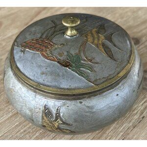 Vintage Round Enameled Brass Trinket Dish With Lid Sea Life Tropical Turtle Fish